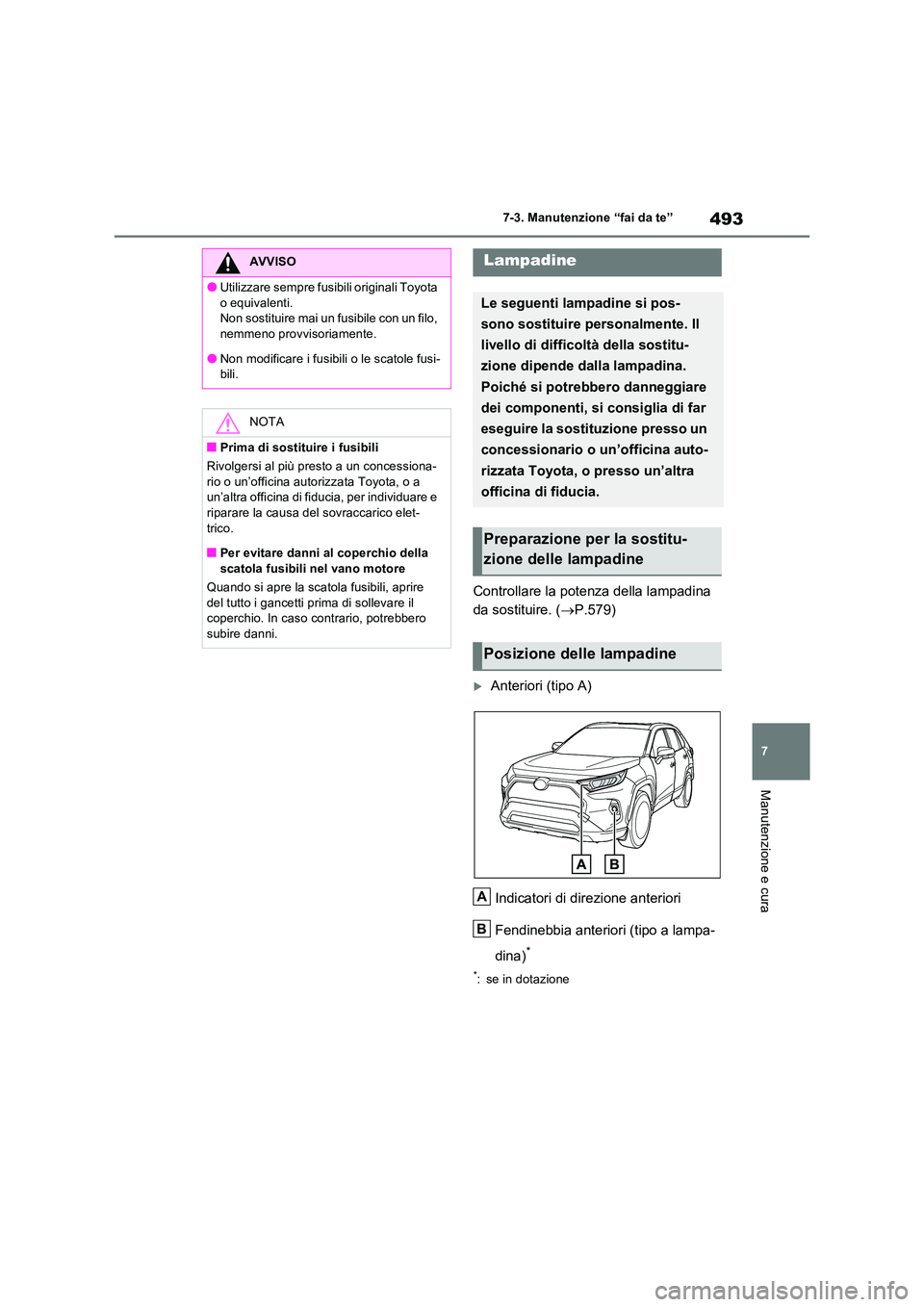 TOYOTA RAV4 2022 Manuale duso (in Italian) 493
7
7-3. Manutenzione “fai da te”
Manutenzione e cura
Controllare la potenza della lampadina
da sostituire. ( P.579)
Anteriori (tipo A)
Indicatori di direzione anteriori
Fendinebbia a TOYOTA RAV4 2022 Manuale duso (in Italian) 493
7
7-3. Manutenzione “fai da te”
Manutenzione e cura
Controllare la potenza della lampadina
da sostituire. ( P.579)
Anteriori (tipo A)
Indicatori di direzione anteriori
Fendinebbia a