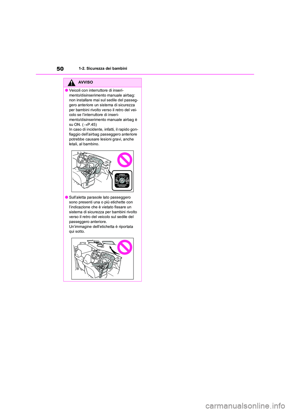 TOYOTA RAV4 2022 Manuale duso (in Italian) 501-2. Sicurezza dei bambini
AVVISO
●Veicoli con interruttore di inseri-
mento/disinserimento manuale airbag: non installare mai sul sedile del passeg-gero anteriore un sistema di sicurezza
per TOYOTA RAV4 2022 Manuale duso (in Italian) 501-2. Sicurezza dei bambini
AVVISO
●Veicoli con interruttore di inseri-
mento/disinserimento manuale airbag: non installare mai sul sedile del passeg-gero anteriore un sistema di sicurezza
per