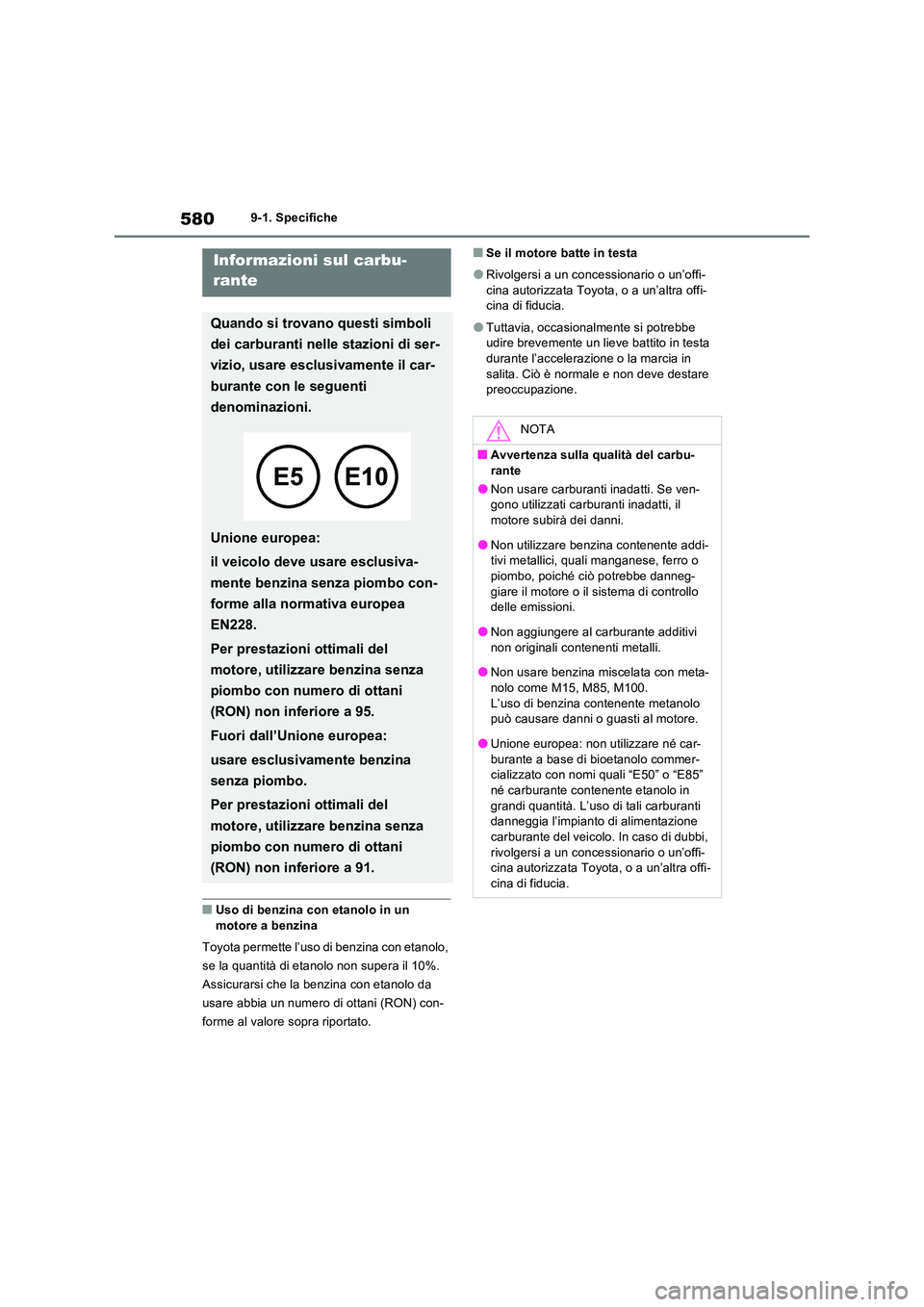 TOYOTA RAV4 2022 Manuale duso (in Italian) 5809-1. Specifiche
■Uso di benzina con etanolo in un
motore a benzina
Toyota permette l’uso di benzina con etanolo,
se la quantità di etanolo non supera il 10%.
Assicurarsi che la benzina c TOYOTA RAV4 2022 Manuale duso (in Italian) 5809-1. Specifiche
■Uso di benzina con etanolo in un
motore a benzina
Toyota permette l’uso di benzina con etanolo,
se la quantità di etanolo non supera il 10%.
Assicurarsi che la benzina c