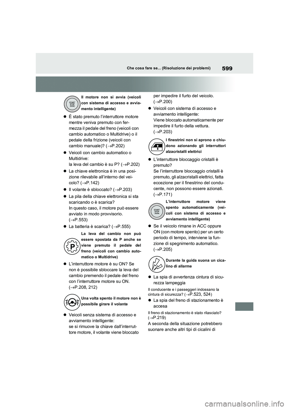 TOYOTA RAV4 2022 Manuale duso (in Italian) 599Che cosa fare se... (Risoluzione dei problemi)
È stato premuto l’interruttore motore
mentre veniva premuto con fer-
mezza il pedale del freno (veicoli con
cambio automatico o Multidrive) o TOYOTA RAV4 2022 Manuale duso (in Italian) 599Che cosa fare se... (Risoluzione dei problemi)
È stato premuto l’interruttore motore
mentre veniva premuto con fer-
mezza il pedale del freno (veicoli con
cambio automatico o Multidrive) o