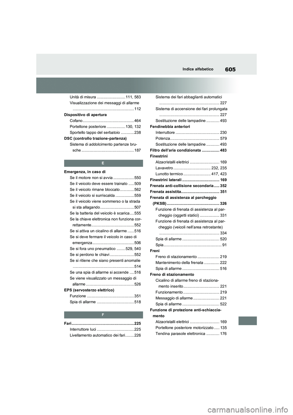 TOYOTA RAV4 2022 Manuale duso (in Italian) 605Indice alfabetico
Unità di misura .......................... 111, 583
Visualizzazione dei messaggi di allarme
........................................................ 112
Dispositivo di apertura
C TOYOTA RAV4 2022 Manuale duso (in Italian) 605Indice alfabetico
Unità di misura .......................... 111, 583
Visualizzazione dei messaggi di allarme
........................................................ 112
Dispositivo di apertura
C