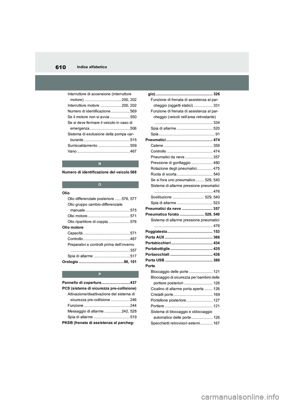 TOYOTA RAV4 2022  Manuale duso (in Italian) 610Indice alfabetico
Interruttore di accensione (interruttore 
motore) ................................... 200, 202
Interruttore motore .................... 200, 202
Numero di identificazione ........