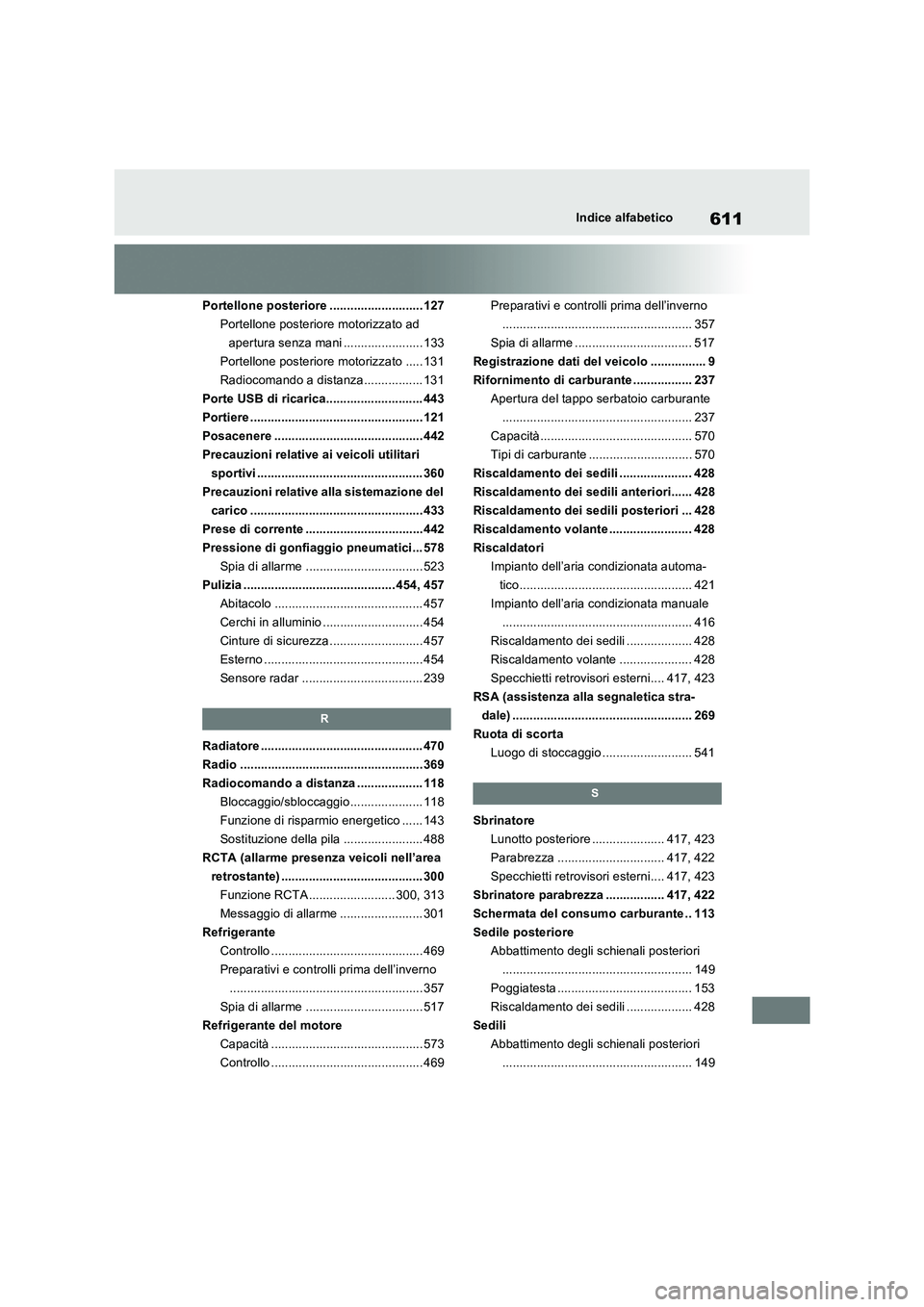 TOYOTA RAV4 2022  Manuale duso (in Italian) 611Indice alfabetico
Portellone posteriore ........................... 127
Portellone posteriore motorizzato ad 
apertura senza mani ....................... 133
Portellone posteriore motorizzato .....