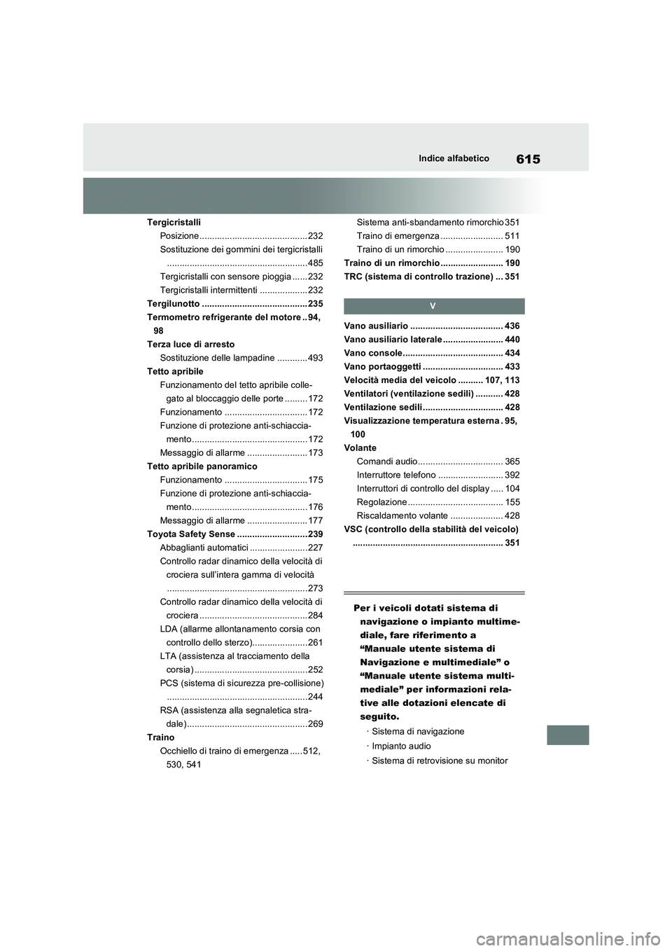 TOYOTA RAV4 2022  Manuale duso (in Italian) 615Indice alfabetico
Tergicristalli
Posizione ........................................... 232
Sostituzione dei gommini dei tergicristalli
........................................................ 485
T