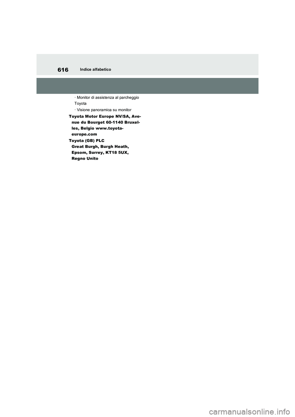 TOYOTA RAV4 2022  Manuale duso (in Italian) 616Indice alfabetico
· Monitor di assistenza al parcheggio 
Toyota
· Visione panoramica su monitor
Toyota Motor Europe NV/SA, Ave-
nue du Bourget 60-1140 Bruxel-
les, Belgio www.toyota-
europe.com
T