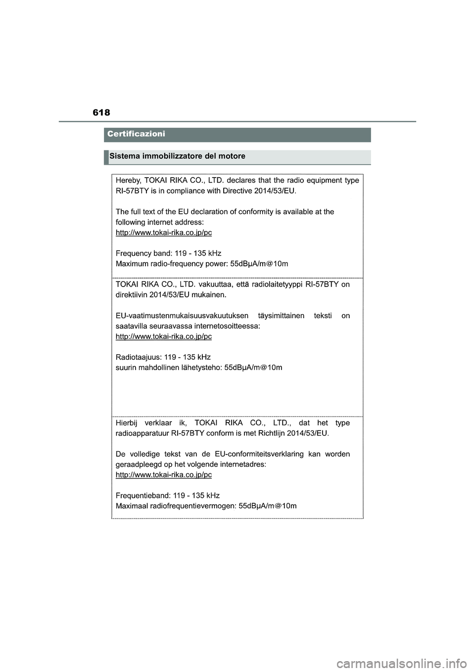 TOYOTA RAV4 2022  Manuale duso (in Italian) 618
Certificazioni
Sistema immobilizzatore del motore 