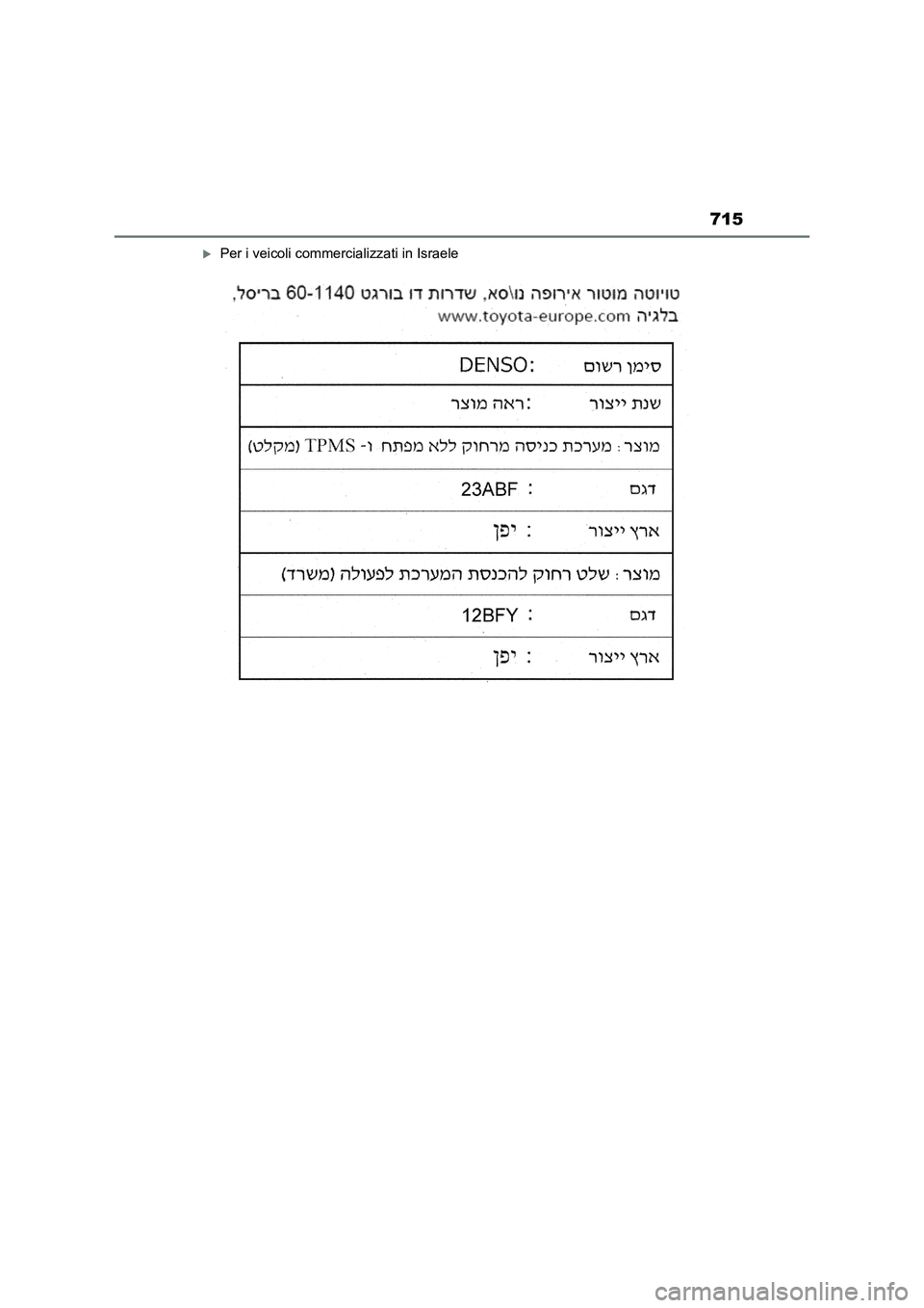 TOYOTA RAV4 2022 Manuale duso (in Italian) 715
Per i veicoli commercializzati in Israele TOYOTA RAV4 2022 Manuale duso (in Italian) 715
Per i veicoli commercializzati in Israele