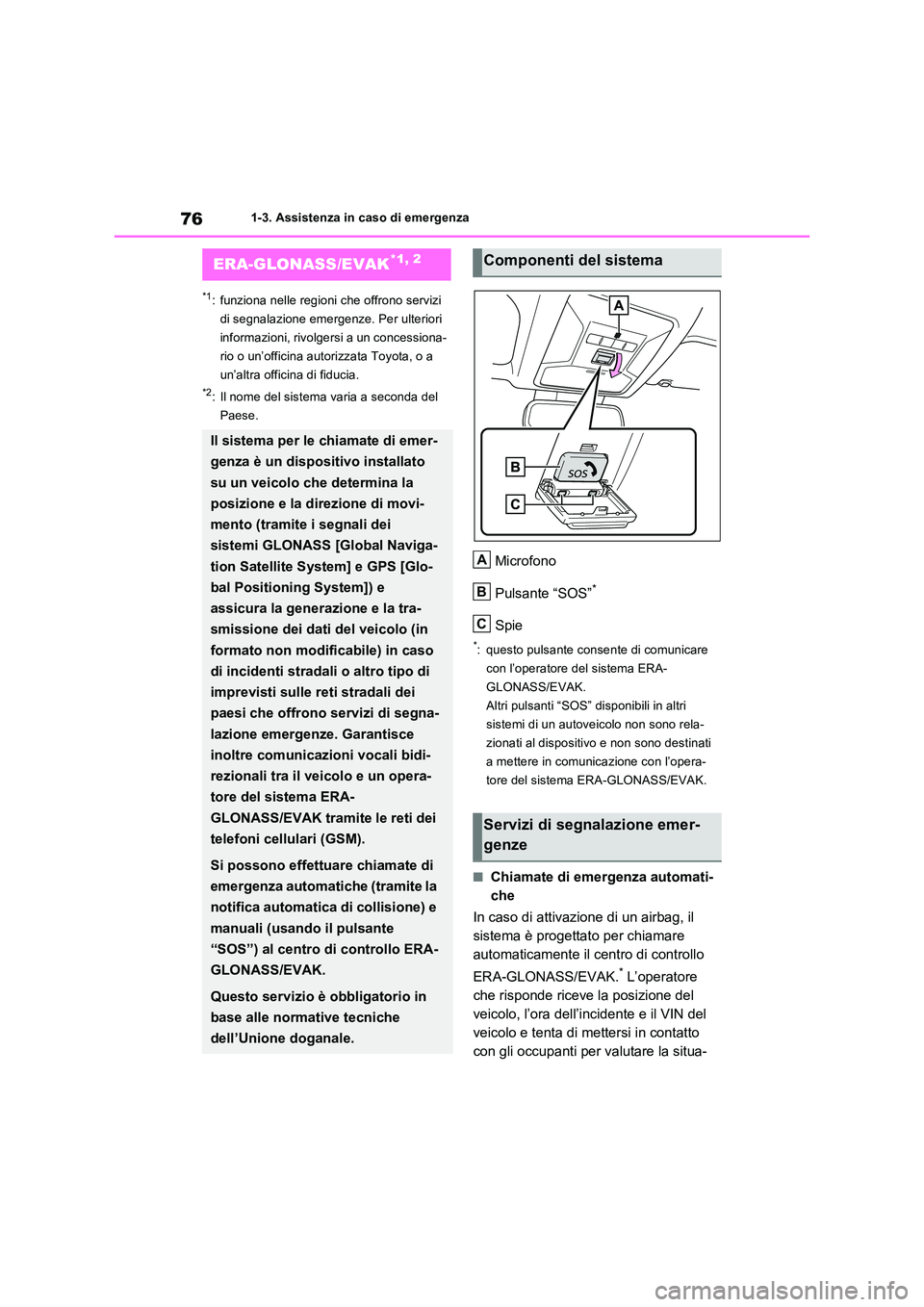 TOYOTA RAV4 2022 Manuale duso (in Italian) 761-3. Assistenza in caso di emergenza
*1: funziona nelle regioni che offrono servizi
di segnalazione emergenze. Per ulteriori
informazioni, rivolgersi a un concessiona-
rio o un’officina autoriz TOYOTA RAV4 2022 Manuale duso (in Italian) 761-3. Assistenza in caso di emergenza
*1: funziona nelle regioni che offrono servizi
di segnalazione emergenze. Per ulteriori
informazioni, rivolgersi a un concessiona-
rio o un’officina autoriz