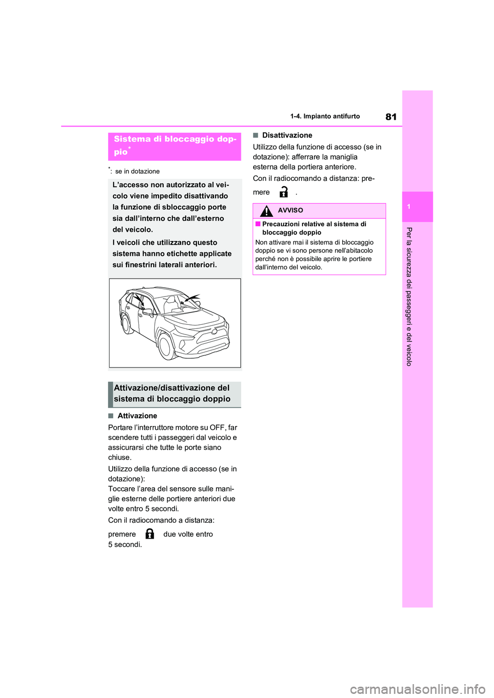 TOYOTA RAV4 2022 Manuale duso (in Italian) 81
1
1-4. Impianto antifurto
Per la sicurezza dei passeggeri e del veicolo
*: se in dotazione
■Attivazione
Portare l’interruttore motore su OFF, far
scendere tutti i passeggeri dal veicolo e
TOYOTA RAV4 2022 Manuale duso (in Italian) 81
1
1-4. Impianto antifurto
Per la sicurezza dei passeggeri e del veicolo
*: se in dotazione
■Attivazione
Portare l’interruttore motore su OFF, far
scendere tutti i passeggeri dal veicolo e