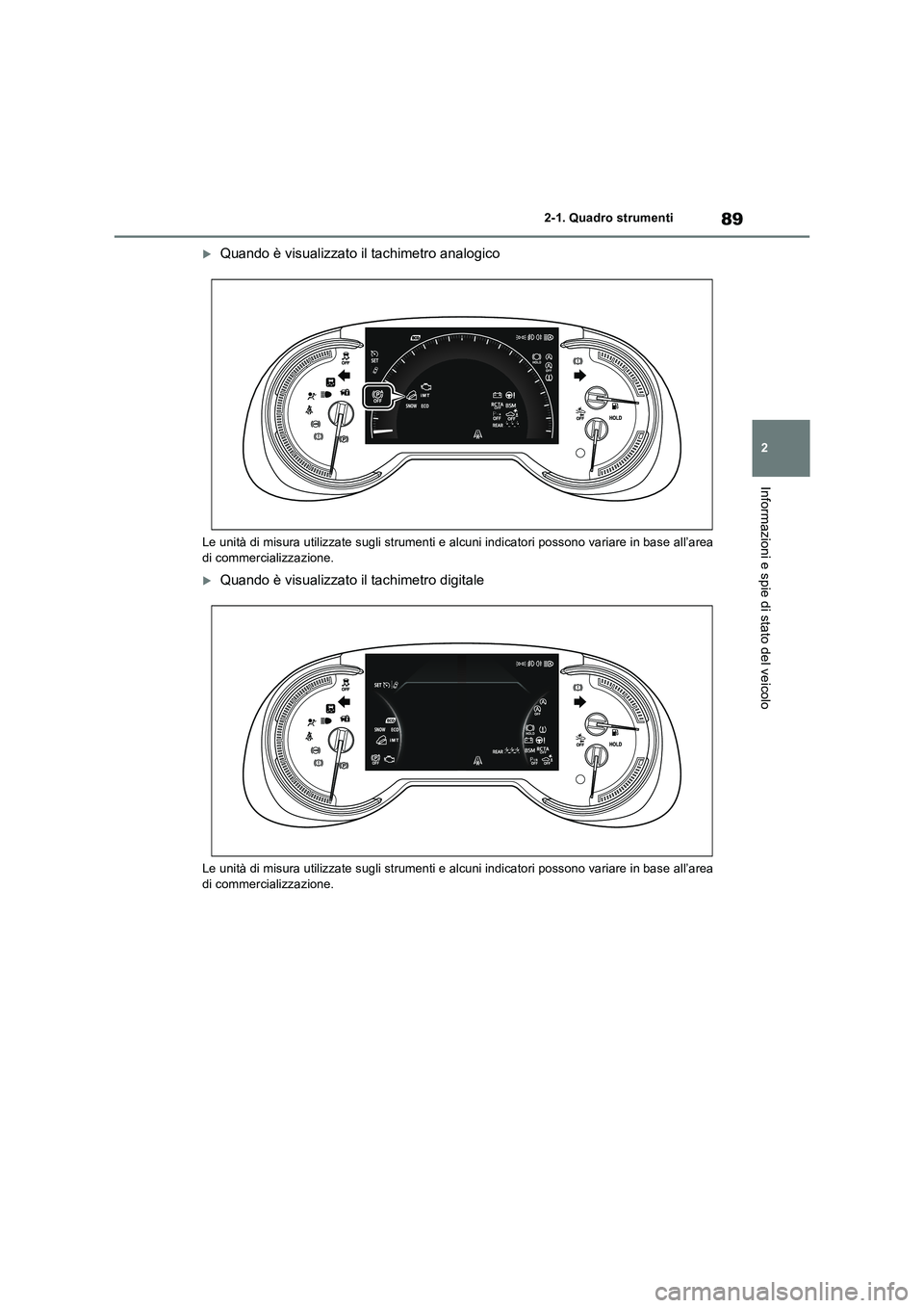 TOYOTA RAV4 2022 Manuale duso (in Italian) 89
2
2-1. Quadro strumenti
Informazioni e spie di stato del veicolo
Quando è visualizzato il tachimetro analogico
Le unità di misura utilizzate sugli strumenti e alcuni indicatori possono variar TOYOTA RAV4 2022 Manuale duso (in Italian) 89
2
2-1. Quadro strumenti
Informazioni e spie di stato del veicolo
Quando è visualizzato il tachimetro analogico
Le unità di misura utilizzate sugli strumenti e alcuni indicatori possono variar