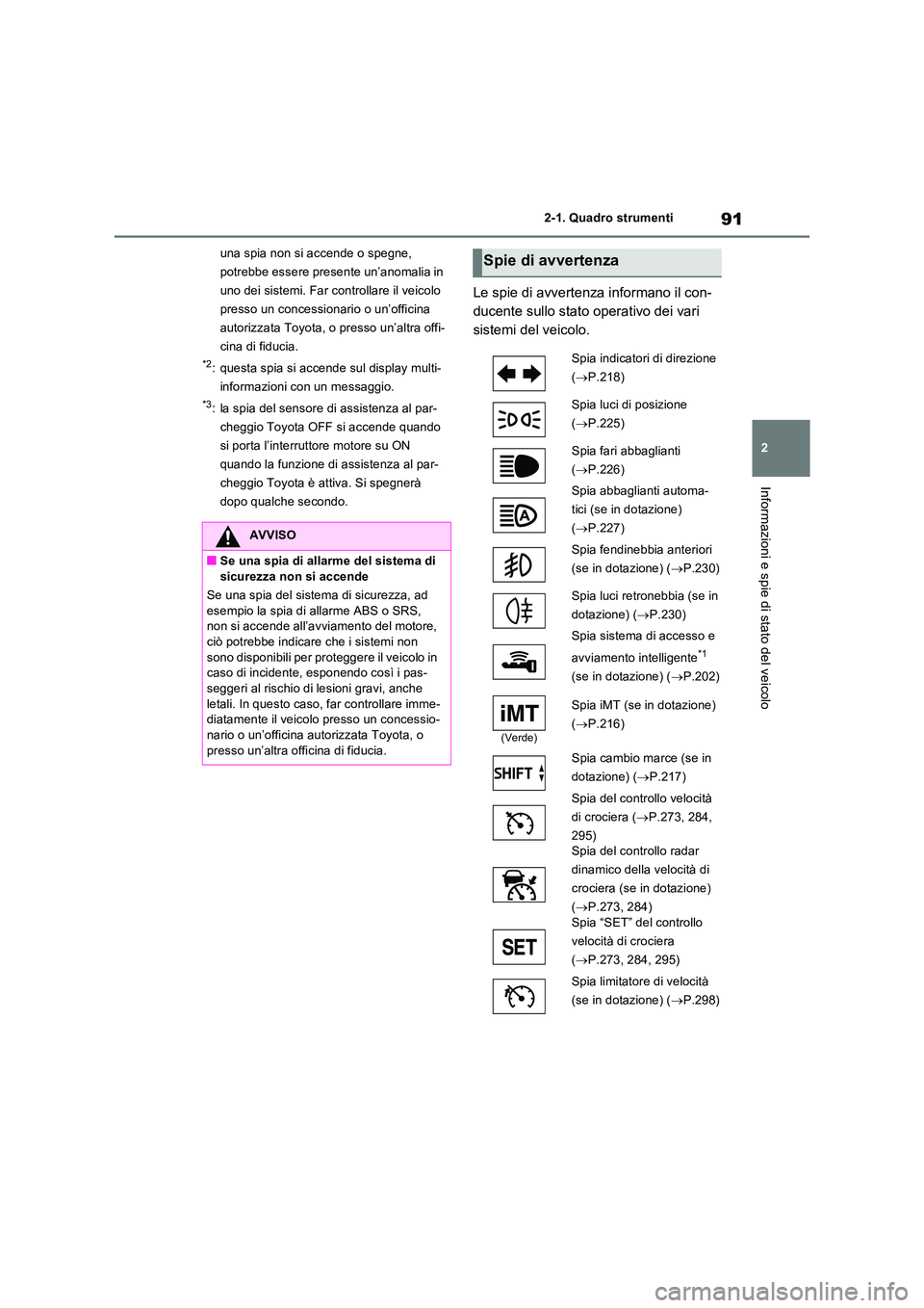 TOYOTA RAV4 2022 Manuale duso (in Italian) 91
2
2-1. Quadro strumenti
Informazioni e spie di stato del veicolo
una spia non si accende o spegne,
potrebbe essere presente un’anomalia in
uno dei sistemi. Far controllare il veicolo
presso TOYOTA RAV4 2022 Manuale duso (in Italian) 91
2
2-1. Quadro strumenti
Informazioni e spie di stato del veicolo
una spia non si accende o spegne,
potrebbe essere presente un’anomalia in
uno dei sistemi. Far controllare il veicolo
presso