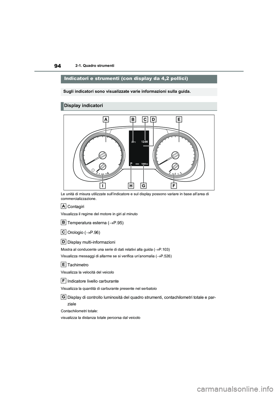 TOYOTA RAV4 2022 Manuale duso (in Italian) 942-1. Quadro strumenti
Le unità di misura utilizzate sull’indicatore e sul display possono variare in base all’area di
commercializzazione.
Contagiri
Visualizza il regime del motore in giri al TOYOTA RAV4 2022 Manuale duso (in Italian) 942-1. Quadro strumenti
Le unità di misura utilizzate sull’indicatore e sul display possono variare in base all’area di
commercializzazione.
Contagiri
Visualizza il regime del motore in giri al