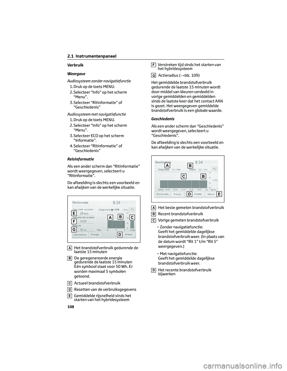 TOYOTA RAV4 2022 Instructieboekje (in Dutch) Verbruik
Weergave
Audiosysteem zonder navigatiefunctie
1. Druk op de toets MENU.
2. Selecteer “Info” op het scherm
“Menu”.
3. Selecteer “Ritinformatie” of
“Geschiedenis”
Audiosysteem m TOYOTA RAV4 2022 Instructieboekje (in Dutch) Verbruik
Weergave
Audiosysteem zonder navigatiefunctie
1. Druk op de toets MENU.
2. Selecteer “Info” op het scherm
“Menu”.
3. Selecteer “Ritinformatie” of
“Geschiedenis”
Audiosysteem m