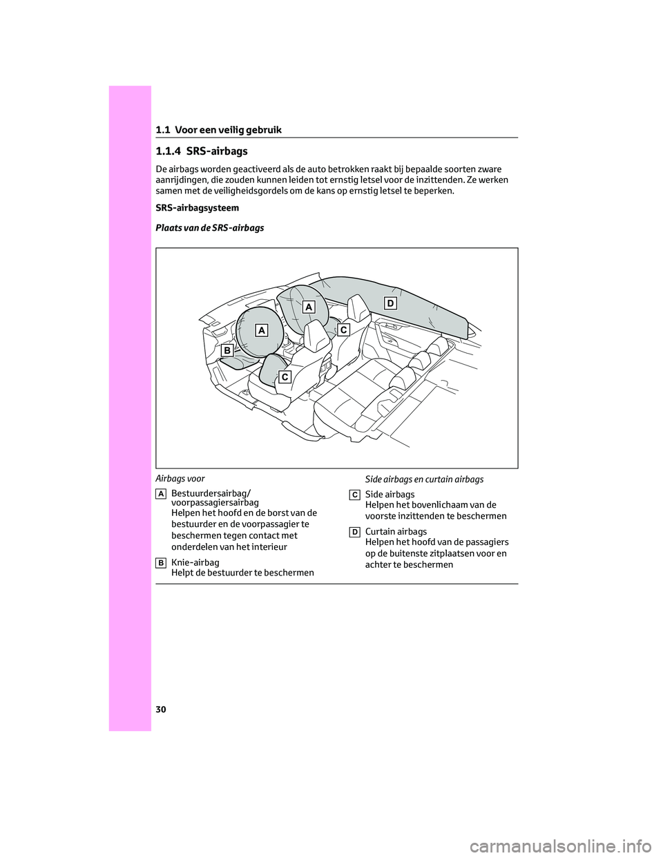 TOYOTA RAV4 2022 Instructieboekje (in Dutch) 1.1.4 SRS-airbags
De airbags worden geactiveerd als de auto betrokken raakt bij bepaalde soorten zware
aanrijdingen, die zouden kunnen leiden tot ernstig letsel voor de inzittenden. Ze werken
samen me TOYOTA RAV4 2022 Instructieboekje (in Dutch) 1.1.4 SRS-airbags
De airbags worden geactiveerd als de auto betrokken raakt bij bepaalde soorten zware
aanrijdingen, die zouden kunnen leiden tot ernstig letsel voor de inzittenden. Ze werken
samen me