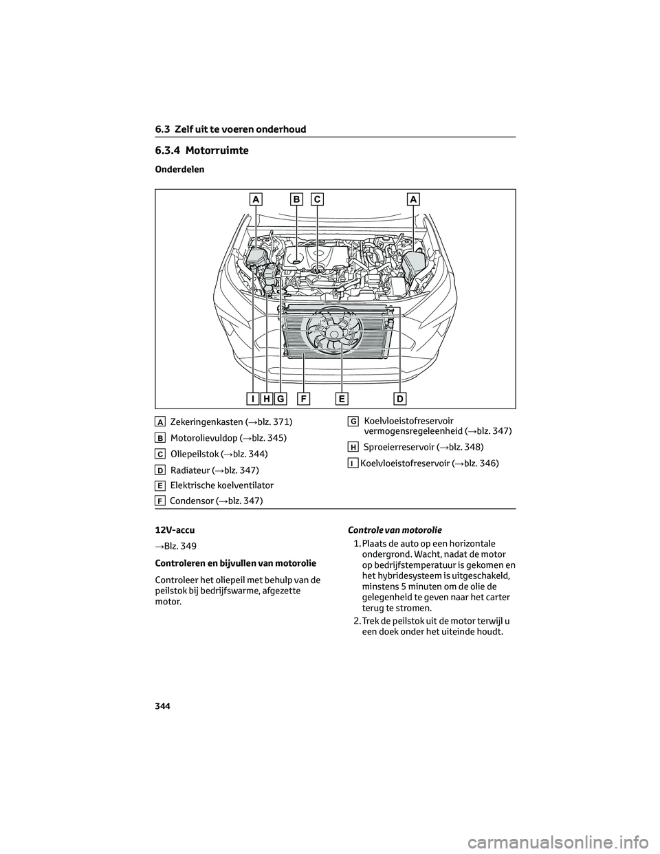 TOYOTA RAV4 2022  Instructieboekje (in Dutch) 6.3.4 Motorruimte
Onderdelen
AZekeringenkasten (→blz. 371)
BMotorolievuldop (→blz. 345)
COliepeilstok (→blz. 344)
DRadiateur (→blz. 347)
EElektrische koelventilator
FCondensor (→blz. 347)
GK