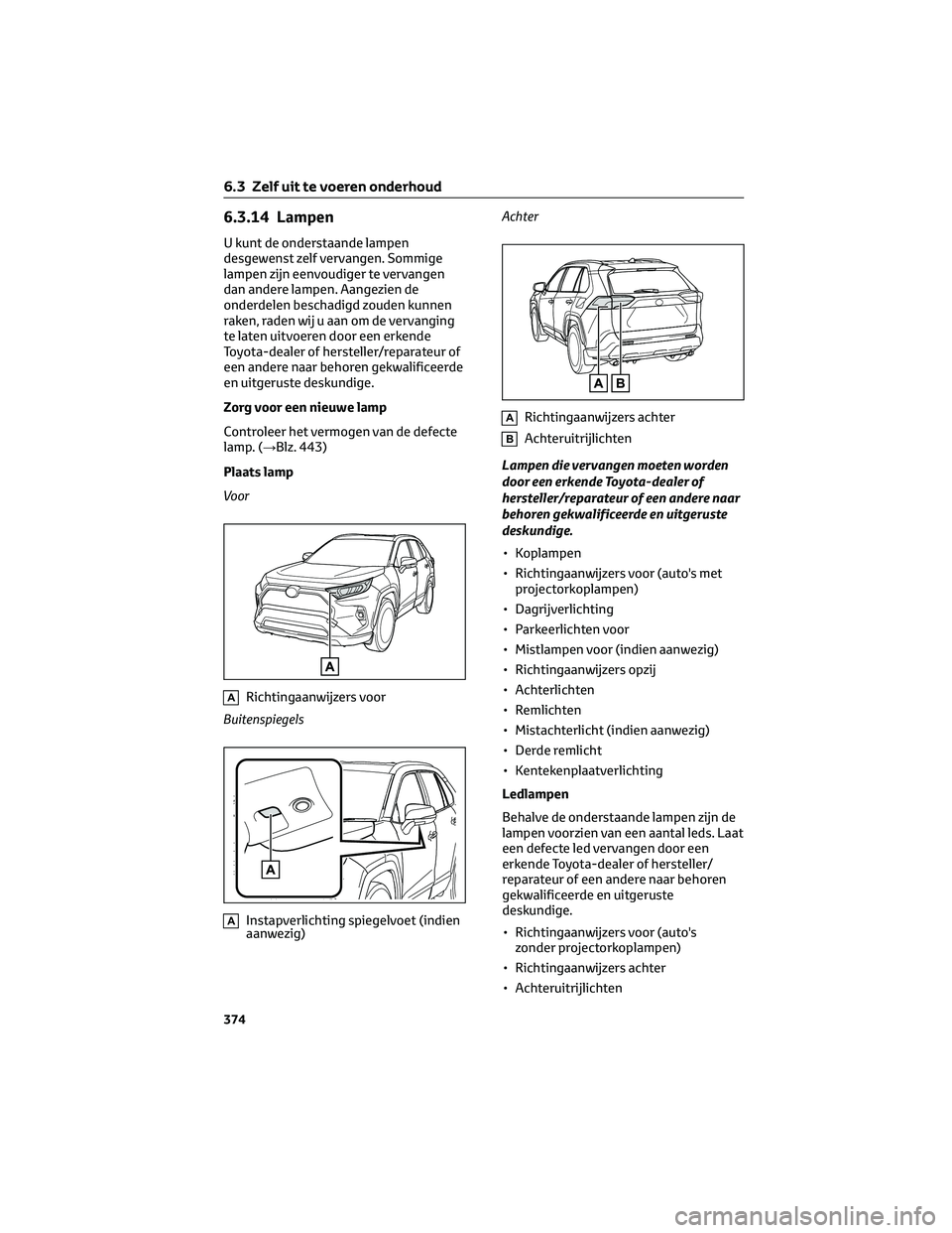 TOYOTA RAV4 2022  Instructieboekje (in Dutch) 6.3.14 Lampen
U kunt de onderstaande lampen
desgewenst zelf vervangen. Sommige
lampen zijn eenvoudiger te vervangen
dan andere lampen. Aangezien de
onderdelen beschadigd zouden kunnen
raken, raden wij