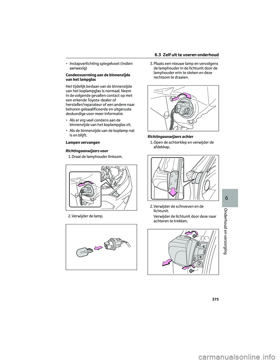 TOYOTA RAV4 2022  Instructieboekje (in Dutch) • Instapverlichting spiegelvoet (indien
aanwezig)
Condensvorming aan de binnenzijde
van het lampglas
Het tijdelijk beslaan van de binnenzijde
van het koplampglas is normaal. Neem
in de volgende geva