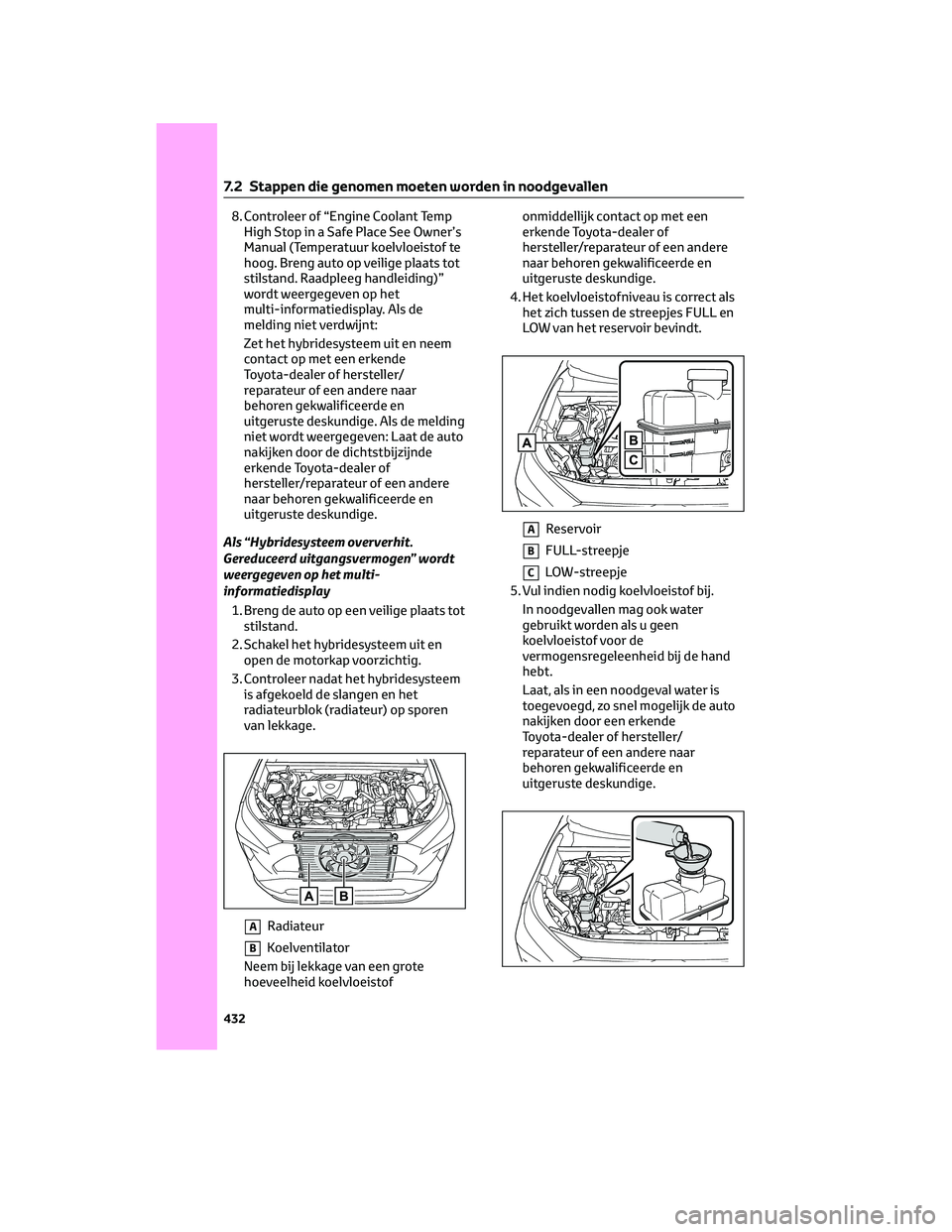 TOYOTA RAV4 2022 Instructieboekje (in Dutch) 8. Controleer of “Engine Coolant Temp
High Stop in a Safe Place See Owner’s
Manual (Temperatuur koelvloeistof te
hoog. Breng auto op veilige plaats tot
stilstand. Raadpleeg handleiding)”
wordt w TOYOTA RAV4 2022 Instructieboekje (in Dutch) 8. Controleer of “Engine Coolant Temp
High Stop in a Safe Place See Owner’s
Manual (Temperatuur koelvloeistof te
hoog. Breng auto op veilige plaats tot
stilstand. Raadpleeg handleiding)”
wordt w