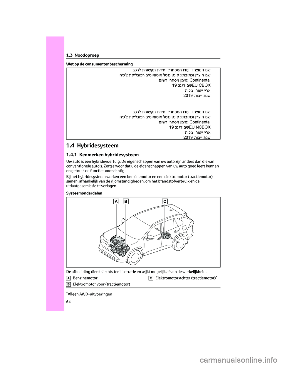 TOYOTA RAV4 2022 Instructieboekje (in Dutch) Wet op de consumentenbescherming
1.4 Hybridesysteem
1.4.1 Kenmerken hybridesysteem
Uw auto is een hybridevoertuig. De eigenschappen van uw auto zijn anders dan die van
conventionele auto's. Zorg e TOYOTA RAV4 2022 Instructieboekje (in Dutch) Wet op de consumentenbescherming
1.4 Hybridesysteem
1.4.1 Kenmerken hybridesysteem
Uw auto is een hybridevoertuig. De eigenschappen van uw auto zijn anders dan die van
conventionele auto's. Zorg e