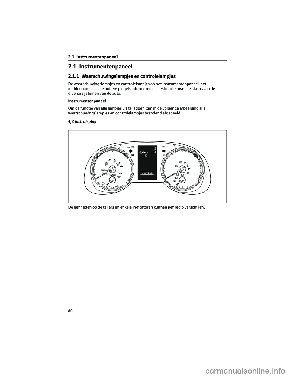 TOYOTA RAV4 2022  Instructieboekje (in Dutch) 2.1 Instrumentenpaneel
2.1.1 Waarschuwingslampjes en controlelampjes
De waarschuwingslampjes en controlelampjes op het instrumentenpaneel, het
middenpaneel en de buitenspiegels informeren de bestuurde