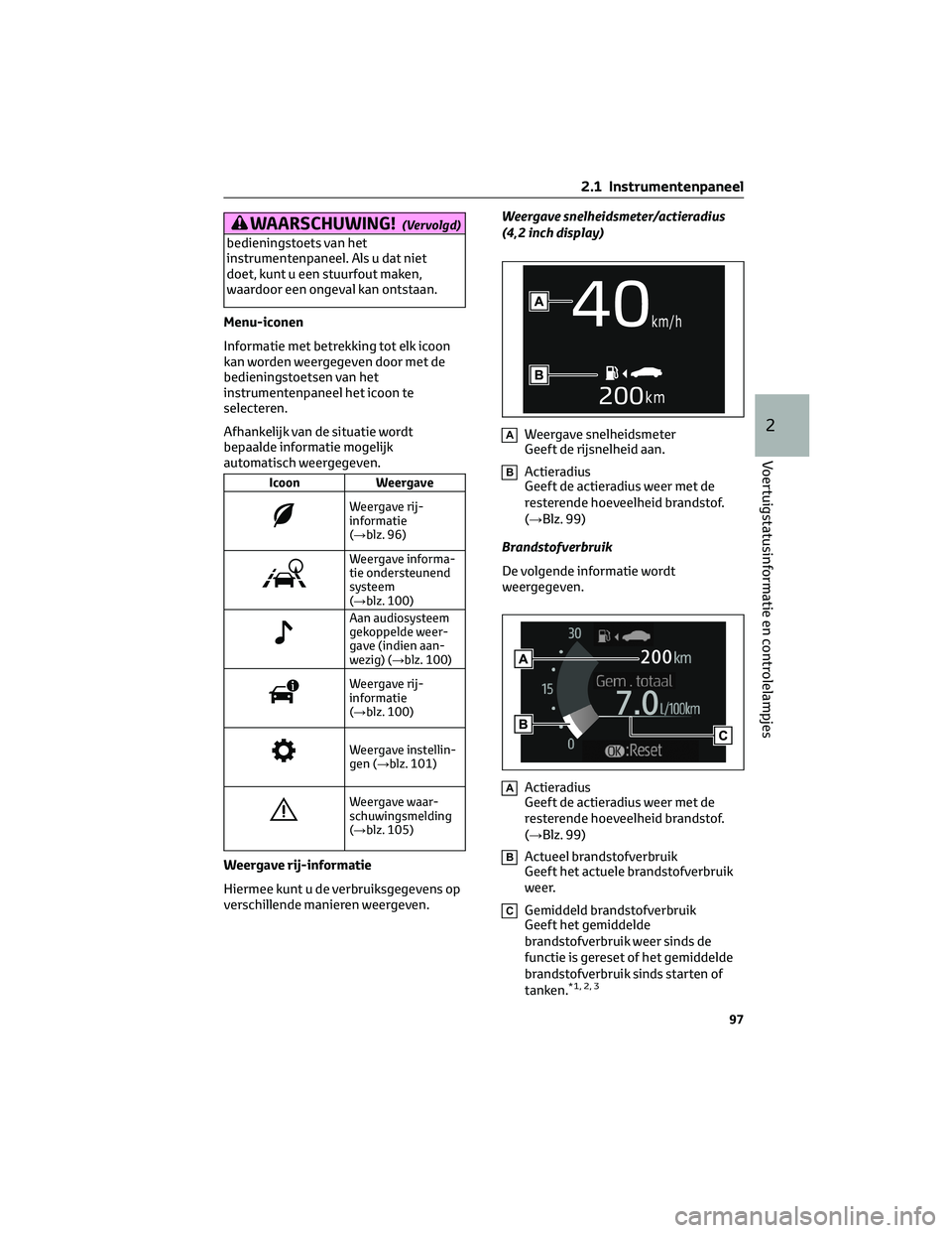 TOYOTA RAV4 2022 Instructieboekje (in Dutch) WAARSCHUWING!(Vervolgd)
bedieningstoets van het
instrumentenpaneel. Als u dat niet
doet, kunt u een stuurfout maken,
waardoor een ongeval kan ontstaan.
Menu-iconen
Informatie met betrekking tot elk ic TOYOTA RAV4 2022 Instructieboekje (in Dutch) WAARSCHUWING!(Vervolgd)
bedieningstoets van het
instrumentenpaneel. Als u dat niet
doet, kunt u een stuurfout maken,
waardoor een ongeval kan ontstaan.
Menu-iconen
Informatie met betrekking tot elk ic