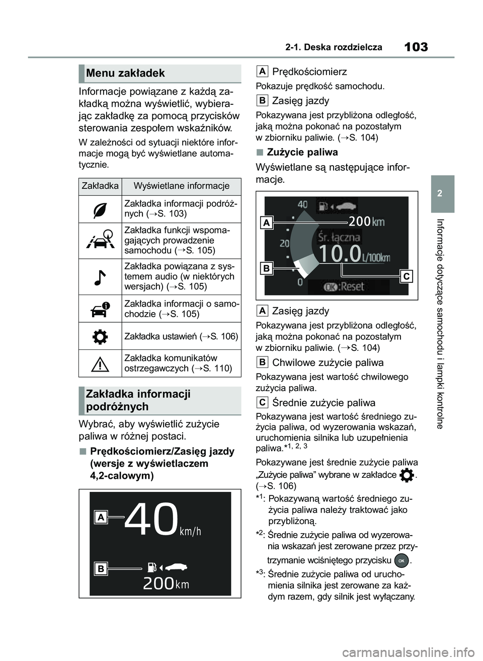 TOYOTA RAV4 2022  Instrukcja obsługi (in Polish) Informacje powiàzane z ka˝dà za-
k∏adkà mo˝na wyÊwietliç, wybiera-
jàc zak∏adk´ za pomocà przycisków
sterowania zespo∏em wskaêników.
W zale˝noÊci od sytuacji niektóre infor-
macj