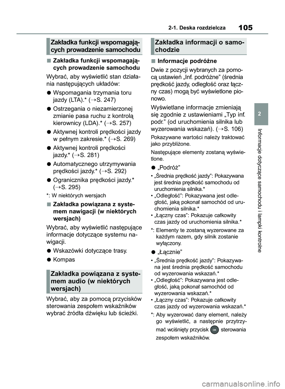 TOYOTA RAV4 2022  Instrukcja obsługi (in Polish) Zak∏adka funkcji wspomagajà-
cych prowadzenie samochodu
Wybraç, aby wyÊwietliç stan dzia∏a-
nia nast´pujàcych uk∏adów:
Wspomagania trzymania toru
jazdy (LTA).* (
S. 247)
Ostrzegania o ni
