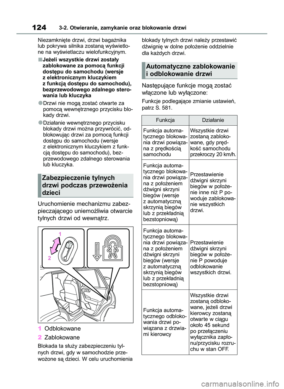 TOYOTA RAV4 2022  Instrukcja obsługi (in Polish) Niezamkni´te drzwi, drzwi baga˝nika
lub pokrywa silnika zostanà wyÊwietlo-
ne na wyÊwietlaczu wielofunkcyjnym.
Je˝eli wszystkie drzwi zosta∏y 
zablokowane za pomocà funkcji
dost´pu do samoch