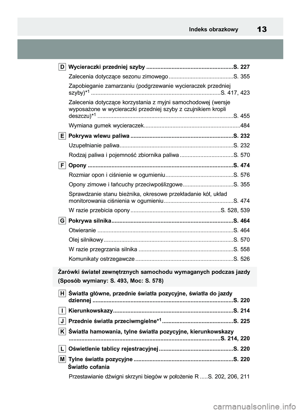 TOYOTA RAV4 2022  Instrukcja obsługi (in Polish) Wycieraczki przedniej szyby .......................................................S. 227
Zalecenia dotyczàce sezonu zimowego .........................................S. 355
Zapobieganie zamarzaniu (