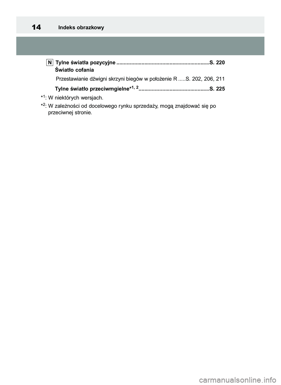 TOYOTA RAV4 2022  Instrukcja obsługi (in Polish) Tylne Êwiat∏a pozycyjne ...............................................................S. 220
Âwiat∏o cofania
Przestawianie dêwigni skrzyni biegów w po∏o˝enie R.....S. 202, 206, 211
Tylne 