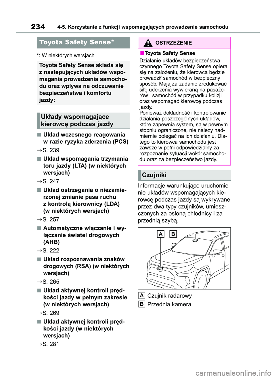 TOYOTA RAV4 2022  Instrukcja obsługi (in Polish) *: W niektórych wersjach
Uk∏ad wczesnego reagowania
w razie ryzyka zderzenia (PCS)
S. 239
Uk∏ad wspomagania trzymania
toru jazdy (LTA) (w niektórych
wersjach)
S. 247
Uk∏ad ostrzegania o niez