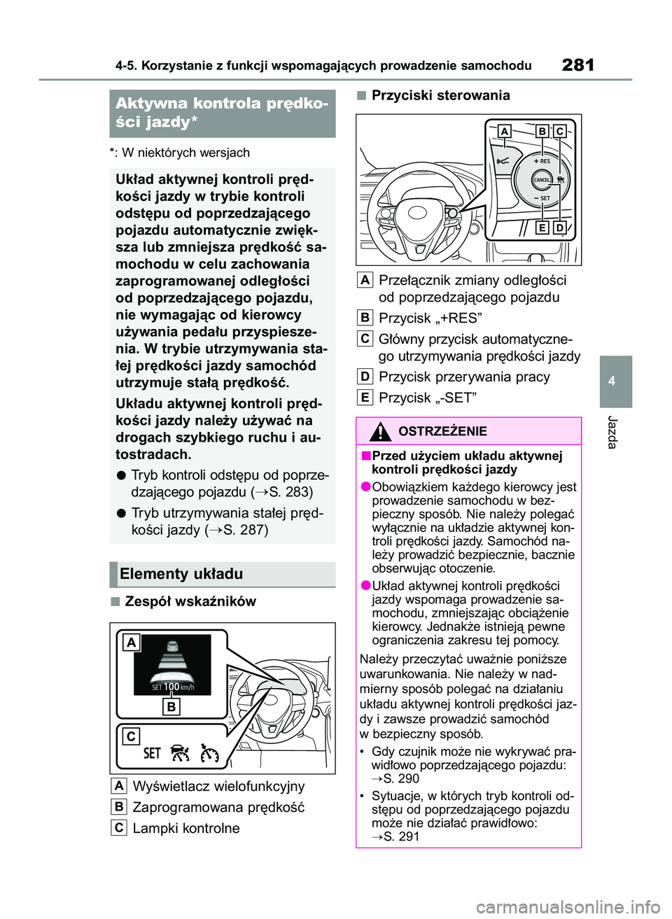 TOYOTA RAV4 2022  Instrukcja obsługi (in Polish) *: W niektórych wersjach
Zespó∏ wskaêników
WyÊwietlacz wielofunkcyjny
Zaprogramowana pr´dkoÊç
Lampki kontrolnePrzyciski sterowania
Prze∏àcznik zmiany odleg∏oÊci
od poprzedzajàcego poj