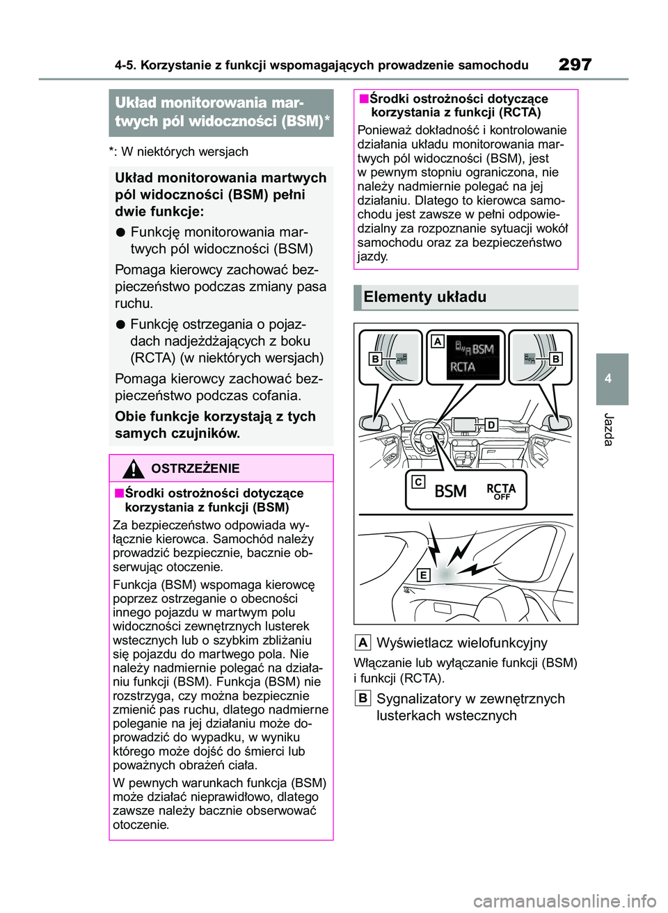 TOYOTA RAV4 2022 Instrukcja obsługi (in Polish) *: W niektórych wersjach
WyÊwietlacz wielofunkcyjny
W∏àczanie lub wy∏àczanie funkcji (BSM)
i funkcji (RCTA).
Sygnalizatory w zewn´trznych
lusterkach wstecznychB
A
Jazda
4-5. Korzystanie z fun TOYOTA RAV4 2022 Instrukcja obsługi (in Polish) *: W niektórych wersjach
WyÊwietlacz wielofunkcyjny
W∏àczanie lub wy∏àczanie funkcji (BSM)
i funkcji (RCTA).
Sygnalizatory w zewn´trznych
lusterkach wstecznychB
A
Jazda
4-5. Korzystanie z fun