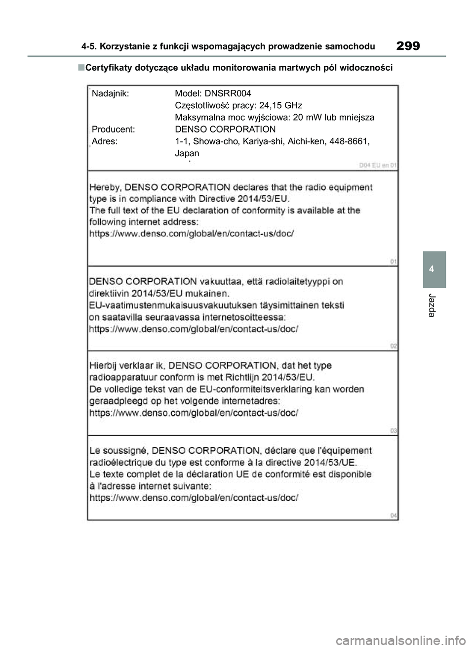 TOYOTA RAV4 2022  Instrukcja obsługi (in Polish) Certyfikaty dotyczàce uk∏adu monitorowania martwych pól widocznoÊci
Jazda
4-5. Korzystanie z funkcji wspomagajàcych prowadzenie samochodu299
4
Nadajnik: Model: DNSRR004
Cz´stotliwoÊç pracy: 2