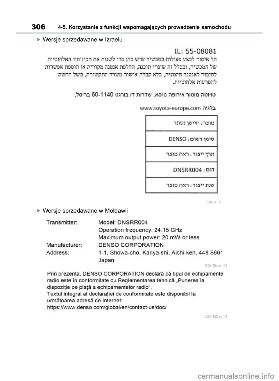 TOYOTA RAV4 2022  Instrukcja obsługi (in Polish) óWersje sprzedawane w Izraelu
óWersje sprzedawane w Mo∏dawii
3064-5. Korzystanie z funkcji wspomagajàcych prowadzenie samochodu
55 RAV4 OM42C27E  12/8/21  3:41 PM  Page 306 