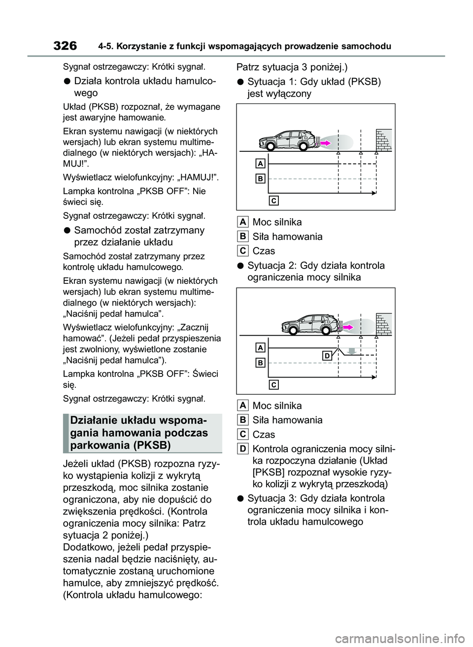 TOYOTA RAV4 2022 Instrukcja obsługi (in Polish) Sygna∏ ostrzegawczy: Krótki sygna∏.
Dzia∏a kontrola uk∏adu hamulco-
wego
Uk∏ad (PKSB) rozpozna∏, ˝e wymagane
jest awaryjne hamowanie.
Ekran systemu nawigacji (w niektórych
wersjach) lub TOYOTA RAV4 2022 Instrukcja obsługi (in Polish) Sygna∏ ostrzegawczy: Krótki sygna∏.
Dzia∏a kontrola uk∏adu hamulco-
wego
Uk∏ad (PKSB) rozpozna∏, ˝e wymagane
jest awaryjne hamowanie.
Ekran systemu nawigacji (w niektórych
wersjach) lub