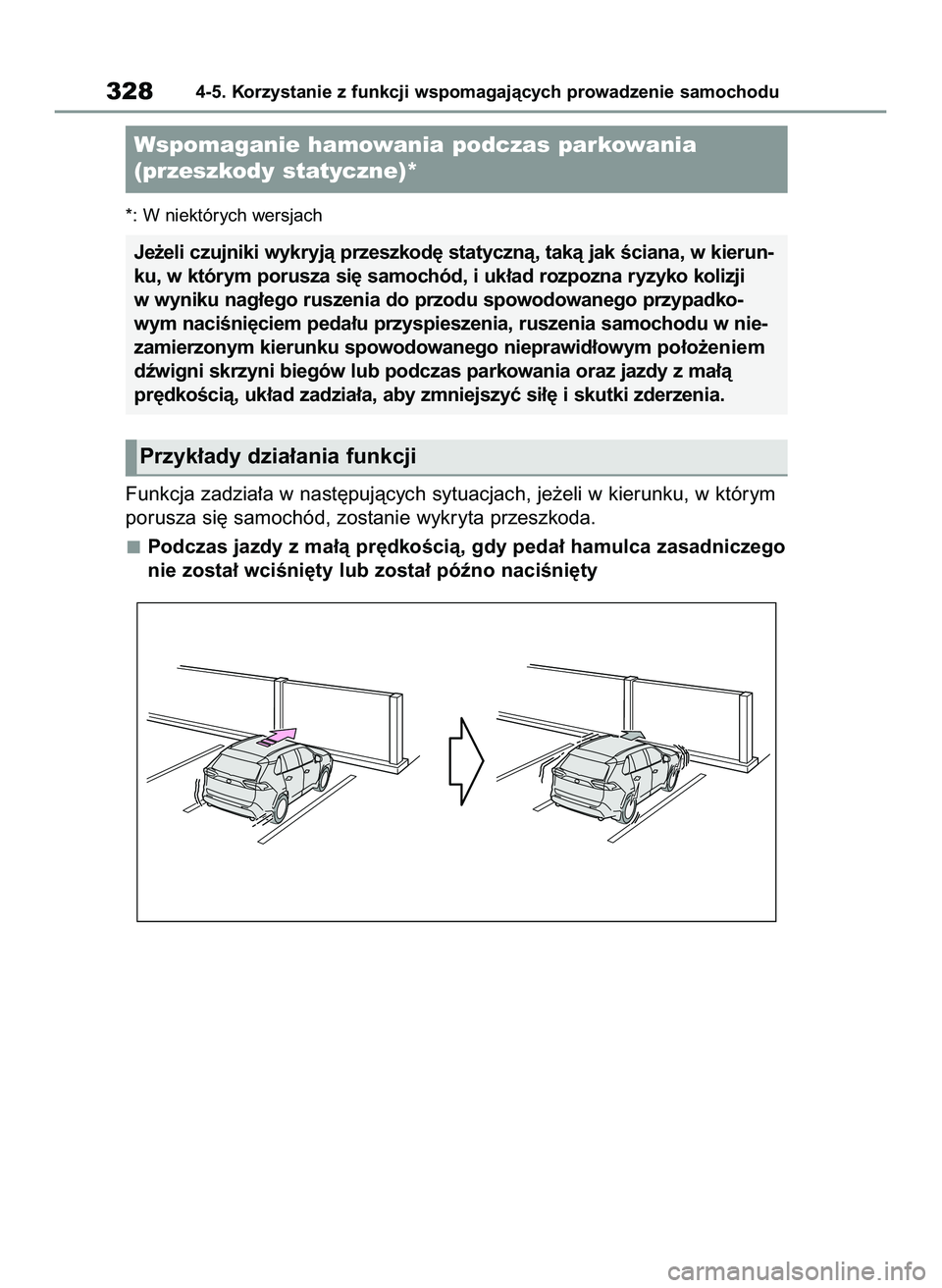 TOYOTA RAV4 2022 Instrukcja obsługi (in Polish) *: W niektórych wersjach
Funkcja zadzia∏a w nast´pujàcych sytuacjach, je˝eli w kierunku, w którym
porusza si´ samochód, zostanie wykryta przeszkoda.
Podczas jazdy z ma∏à pr´dkoÊcià, gdy TOYOTA RAV4 2022 Instrukcja obsługi (in Polish) *: W niektórych wersjach
Funkcja zadzia∏a w nast´pujàcych sytuacjach, je˝eli w kierunku, w którym
porusza si´ samochód, zostanie wykryta przeszkoda.
Podczas jazdy z ma∏à pr´dkoÊcià, gdy
