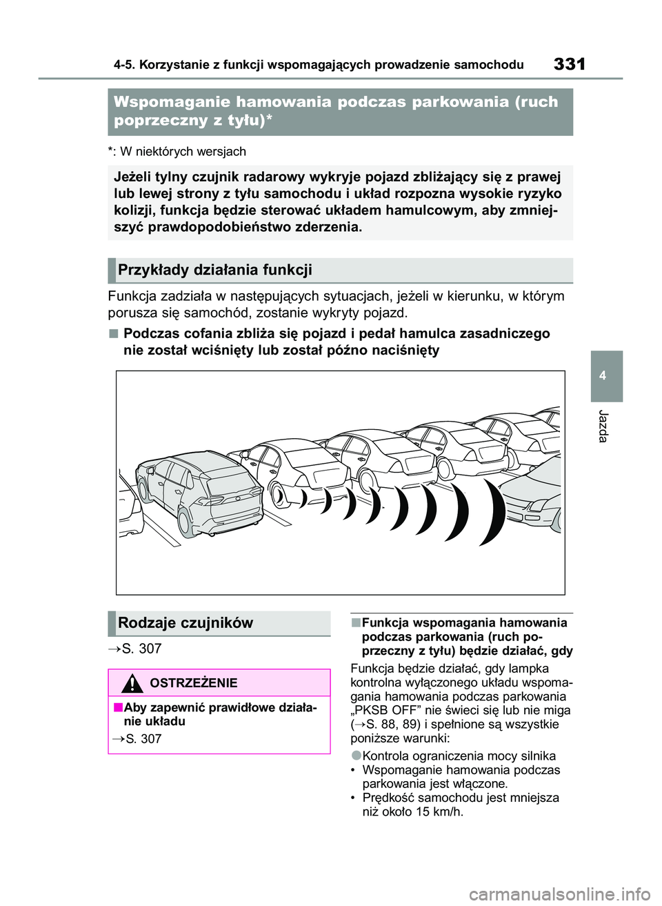 TOYOTA RAV4 2022  Instrukcja obsługi (in Polish) *: W niektórych wersjach
Funkcja zadzia∏a w nast´pujàcych sytuacjach, je˝eli w kierunku, w którym
porusza si´ samochód, zostanie wykryty pojazd.
Podczas cofania zbli˝a si´ pojazd i peda∏ 