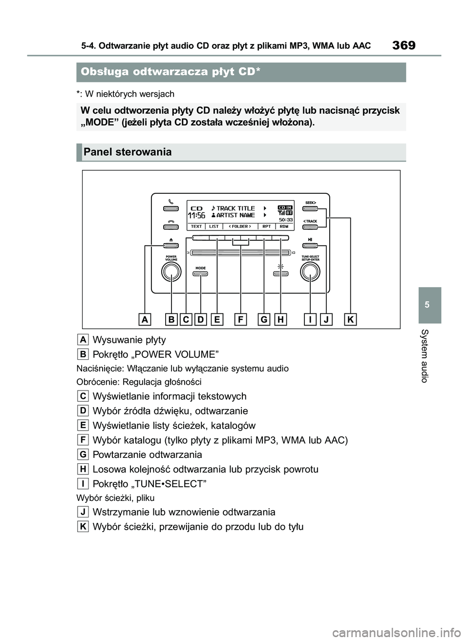 TOYOTA RAV4 2022  Instrukcja obsługi (in Polish) *: W niektórych wersjach
Wysuwanie p∏yty
Pokr´t∏o „POWER VOLUME”
NaciÊni´cie: W∏àczanie lub wy∏àczanie systemu audio
Obrócenie: Regulacja g∏oÊnoÊci
WyÊwietlanie informacji teks