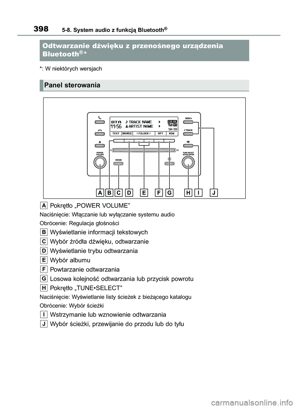 TOYOTA RAV4 2022  Instrukcja obsługi (in Polish) *: W niektórych wersjach
Pokr´t∏o „POWER VOLUME”
NaciÊni´cie: W∏àczanie lub wy∏àczanie systemu audio
Obrócenie: Regulacja g∏oÊnoÊci
WyÊwietlanie informacji tekstowych
Wybór êr