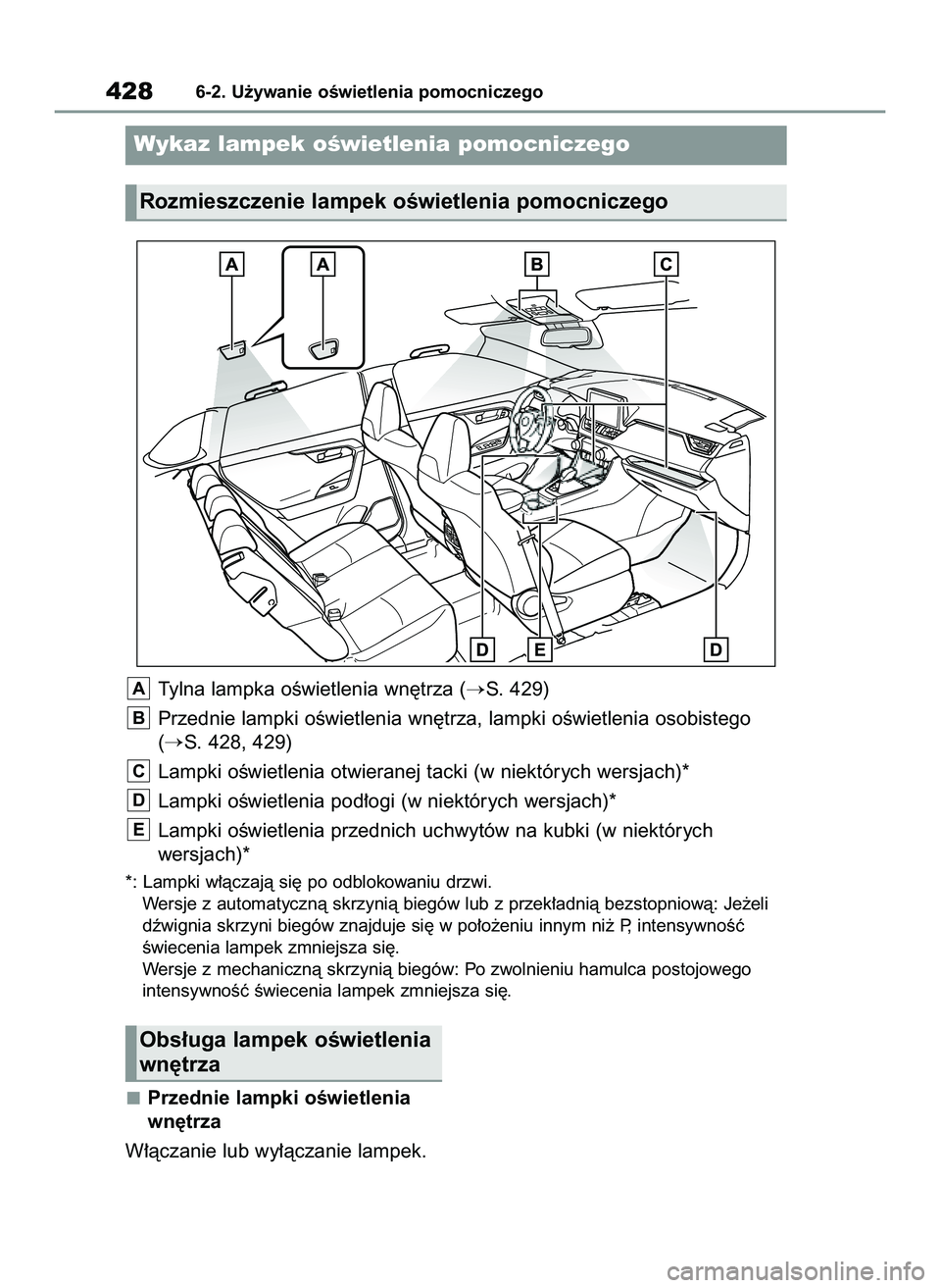 TOYOTA RAV4 2022 Instrukcja obsługi (in Polish) Przednie lampki oÊwietlenia
wn´trza
W∏àczanie lub wy∏àczanie lampek.
4286-2. U˝ywanie oÊwietlenia pomocniczego
Rozmieszczenie lampek oÊwietlenia pomocniczego
Wykaz lampek oÊwietlenia pomoc TOYOTA RAV4 2022 Instrukcja obsługi (in Polish) Przednie lampki oÊwietlenia
wn´trza
W∏àczanie lub wy∏àczanie lampek.
4286-2. U˝ywanie oÊwietlenia pomocniczego
Rozmieszczenie lampek oÊwietlenia pomocniczego
Wykaz lampek oÊwietlenia pomoc
