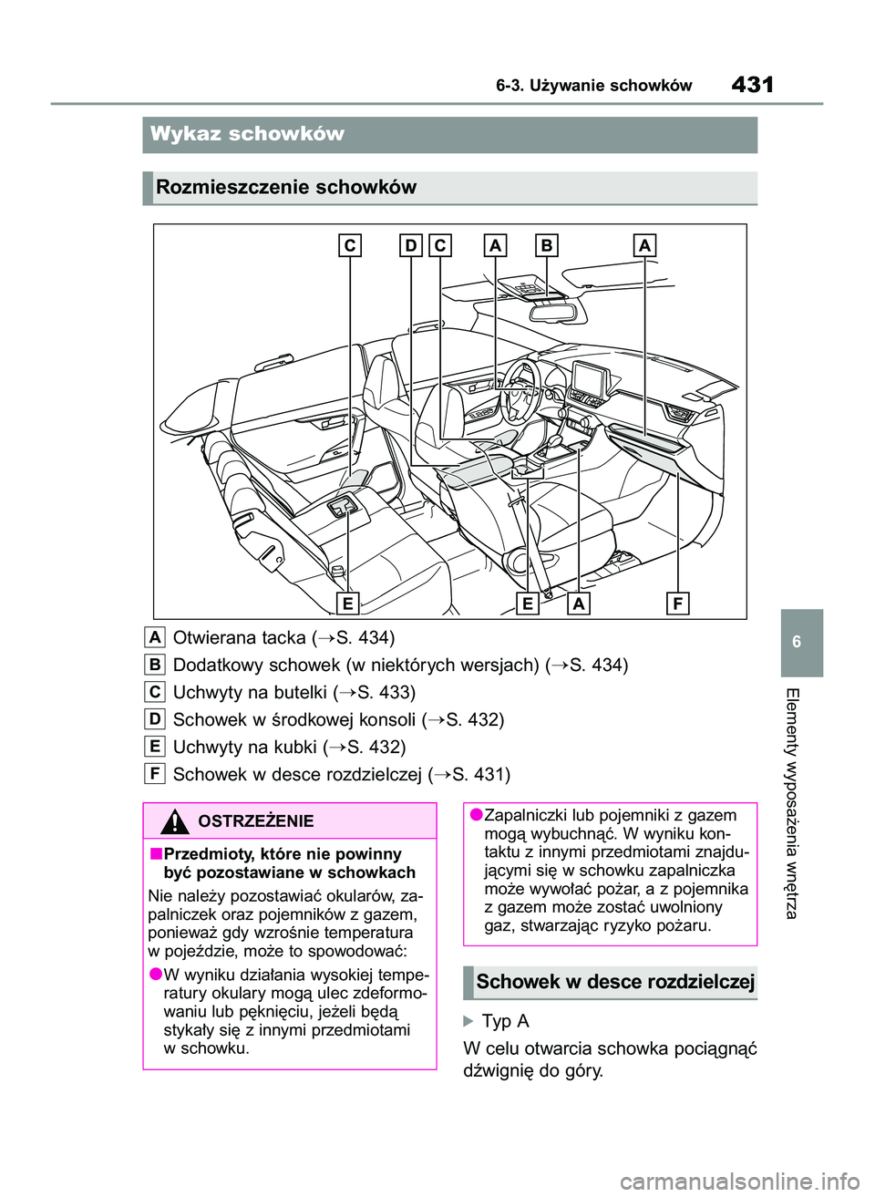 TOYOTA RAV4 2022  Instrukcja obsługi (in Polish) óTyp A
W celu otwarcia schowka pociàgnàç
dêwigni´ do góry.
Elementy wyposa˝enia wn´trza
6-3. U˝ywanie schowków431
6
Wykaz schowków
Rozmieszczenie schowków
OSTRZE˚ENIE
Przedmioty, które 