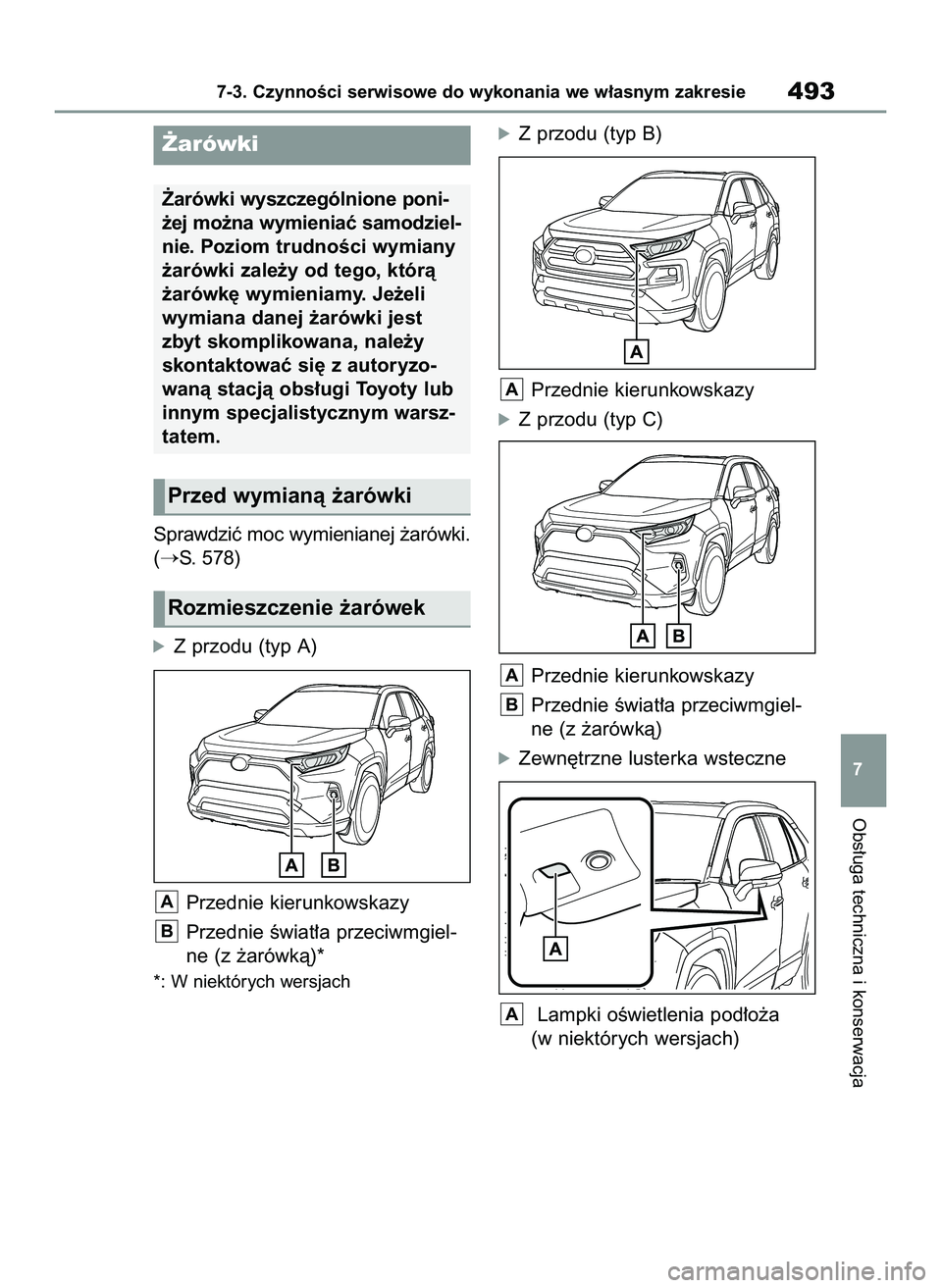 TOYOTA RAV4 2022  Instrukcja obsługi (in Polish) Sprawdziç moc wymienianej ˝arówki.
(
S. 578)
óZ przodu (typ A)
Przednie kierunkowskazy
Przednie Êwiat∏a przeciwmgiel-
ne (z ˝arówkà)*
*: W niektórych wersjach
óZ przodu (typ B)
Przednie k