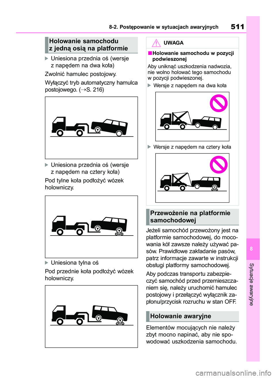 TOYOTA RAV4 2022  Instrukcja obsługi (in Polish) óUniesiona przednia oÊ (wersje
z nap´dem na dwa ko∏a)
Zwolniç hamulec postojowy.
Wy∏àczyç tryb automatyczny hamulca
postojowego. (
S. 216)
óUniesiona przednia oÊ (wersje
z nap´dem na czt