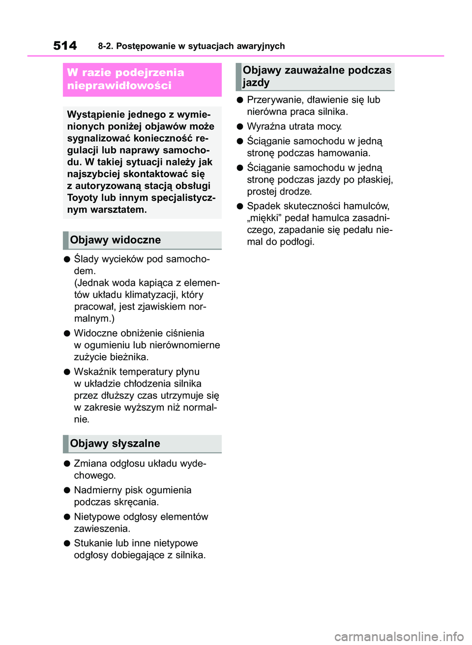 TOYOTA RAV4 2022  Instrukcja obsługi (in Polish) Âlady wycieków pod samocho-
dem.
(Jednak woda kapiàca z elemen-
tów uk∏adu klimatyzacji, który
pracowa∏, jest zjawiskiem nor-
malnym.)
Widoczne obni˝enie ciÊnienia
w ogumieniu lub nierówno
