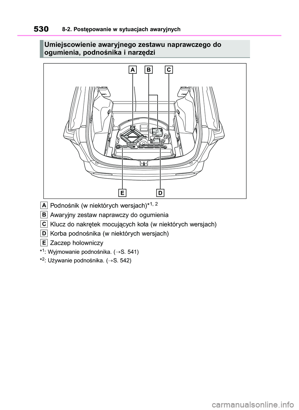 TOYOTA RAV4 2022  Instrukcja obsługi (in Polish) 5308-2. Post´powanie w sytuacjach awaryjnych
Umiejscowienie awaryjnego zestawu naprawczego do 
ogumienia, podnoÊnika i narz´dzi
PodnoÊnik (w niektórych wersjach)*1, 2
Awaryjny zestaw naprawczy do