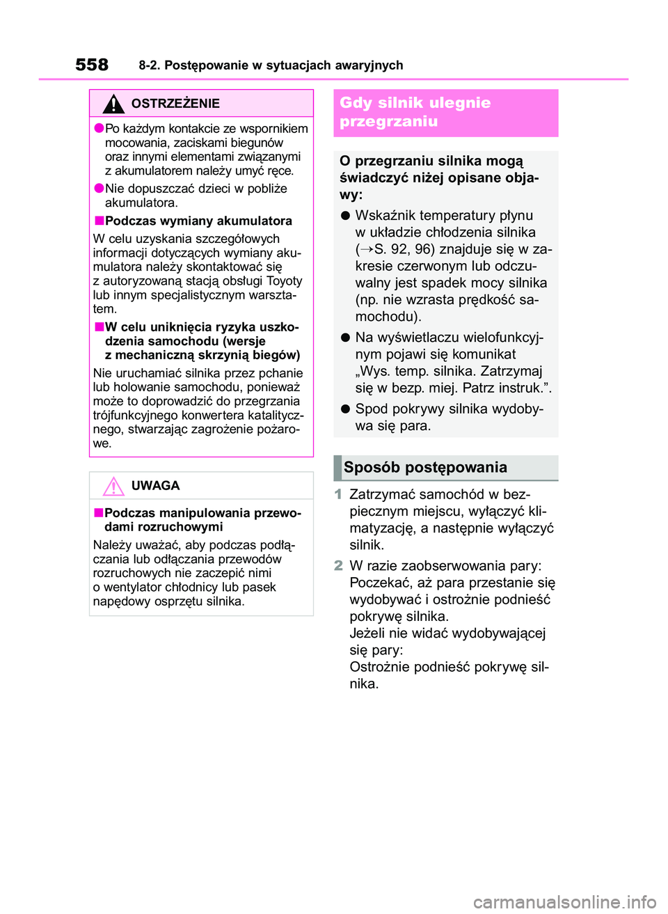 TOYOTA RAV4 2022  Instrukcja obsługi (in Polish) 1Zatrzymaç samochód w bez-
piecznym miejscu, wy∏àczyç kli-
matyzacj´, a nast´pnie wy∏àczyç
silnik.
2W razie zaobserwowania pary:
Poczekaç, a˝ para przestanie si´
wydobywaç i ostro˝nie
