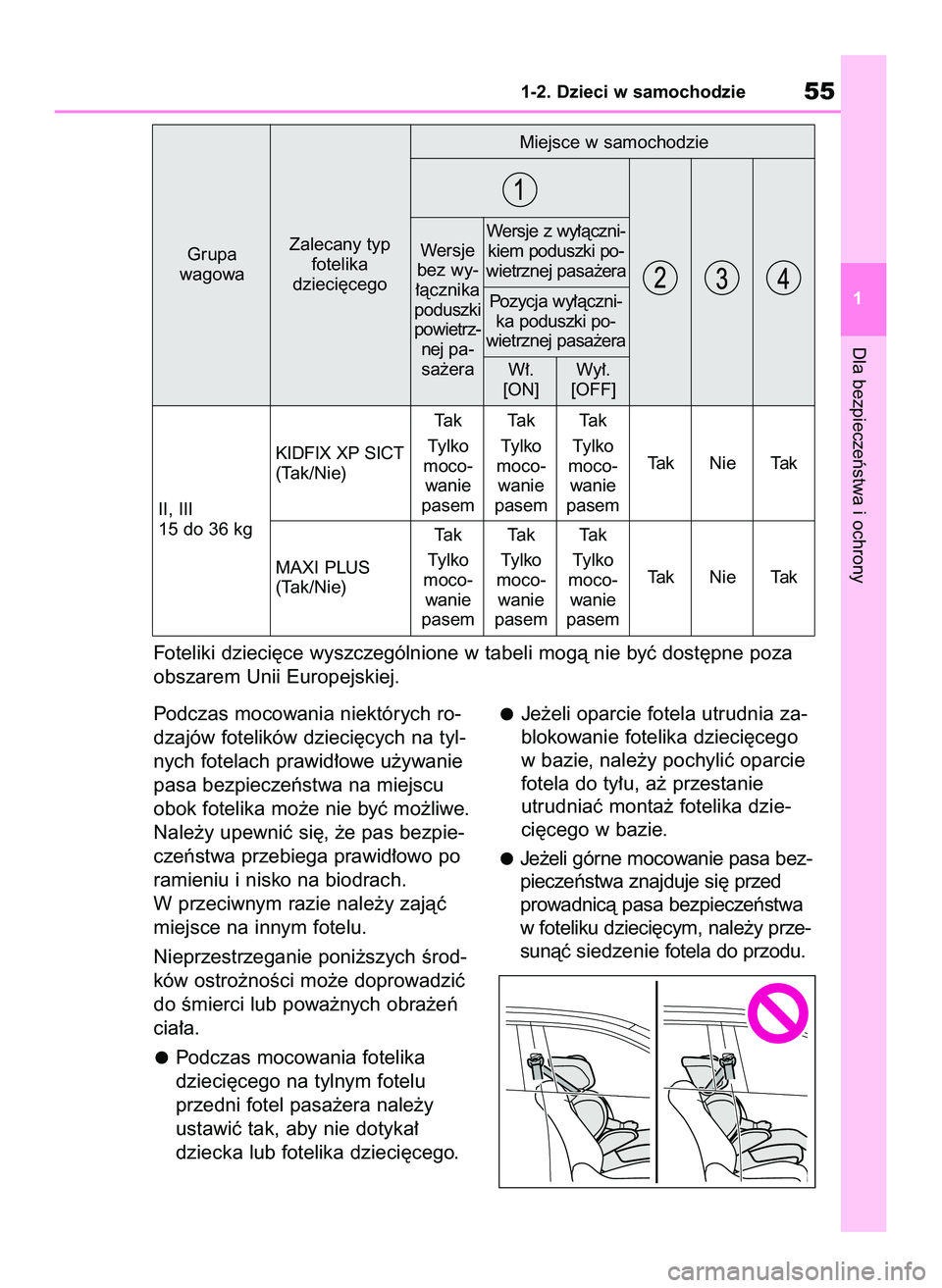 TOYOTA RAV4 2022  Instrukcja obsługi (in Polish) Podczas mocowania niektórych ro-
dzajów fotelików dzieci´cych na tyl-
nych fotelach prawid∏owe u˝ywanie
pasa bezpieczeƒstwa na miejscu
obok fotelika mo˝e nie byç mo˝liwe.
Nale˝y upewniç s