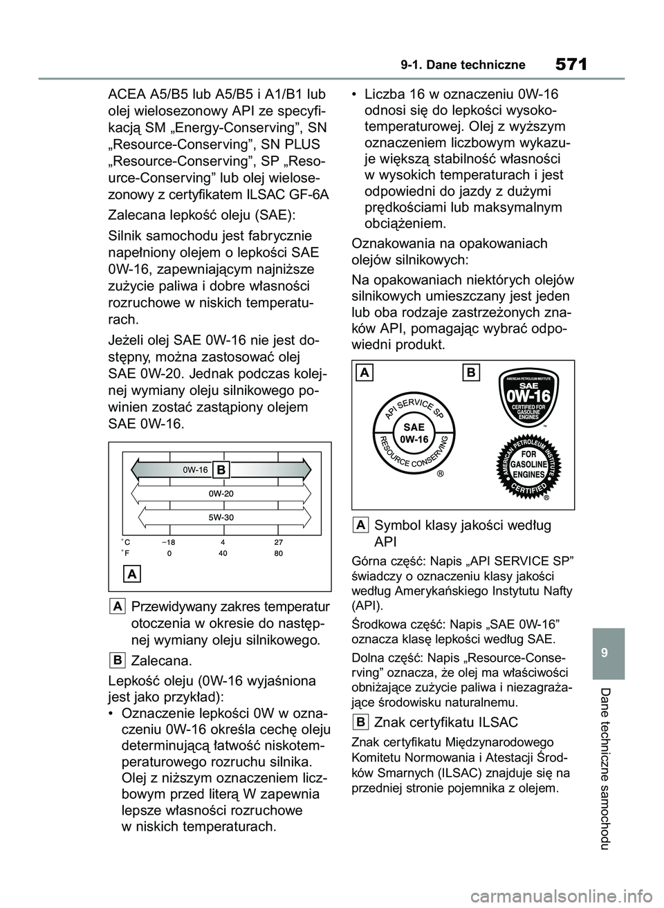 TOYOTA RAV4 2022  Instrukcja obsługi (in Polish) ACEA A5/B5 lub A5/B5 i A1/B1 lub
olej wielosezonowy API ze specyfi-
kacjà SM „Energy-Conserving”, SN
„Resource-Conserving”, SN PLUS
„Resource-Conserving”, SP „Reso-
urce-Conserving” l