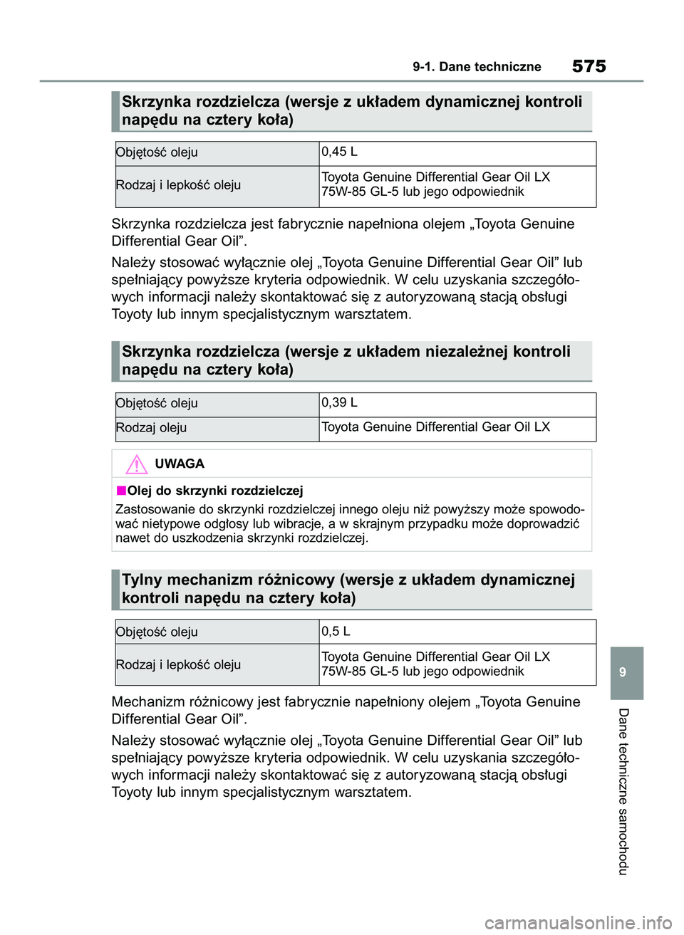 TOYOTA RAV4 2022  Instrukcja obsługi (in Polish) Skrzynka rozdzielcza jest fabrycznie nape∏niona olejem „Toyota Genuine
Differential Gear Oil”.
Nale˝y stosowaç wy∏àcznie olej „Toyota Genuine Differential Gear Oil” lub
spe∏niajàcy p